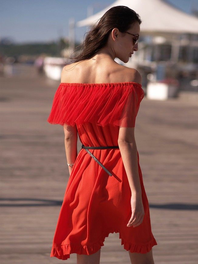 Red mini sundress with red tulle ruffles