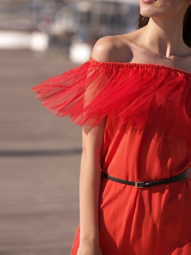 Red mini sundress with red tulle ruffles