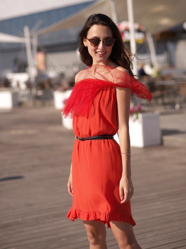 Red mini sundress with red tulle ruffles
