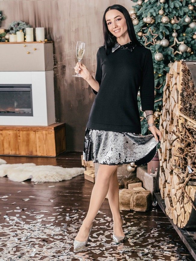 Платье-конструктор AIRDRESS черное со съемными юбкой и воротником из серебряно-черных пайеток
