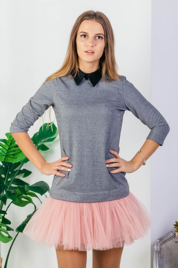 Constructor-dress gray "pied-de-poule" Airdress with removable blush pink skirt and collar