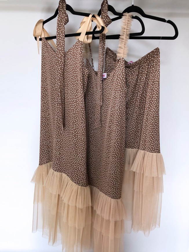 Brown polka dot maxi slip dress with beige tulle ruffles