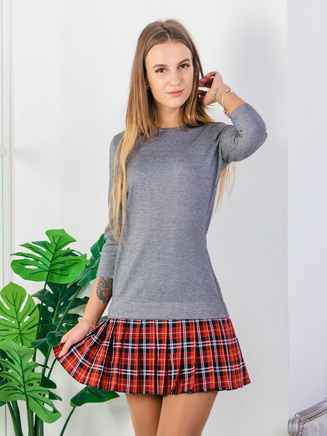 Constructor-dress gray "pied-de-poule" Airdresss with removable red tartan skirt