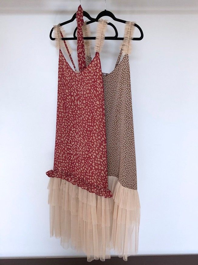 Brown polka dot maxi slip dress with beige tulle ruffles
