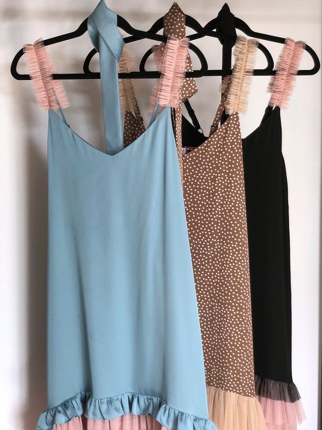 Brown polka dot maxi slip dress with beige tulle ruffles