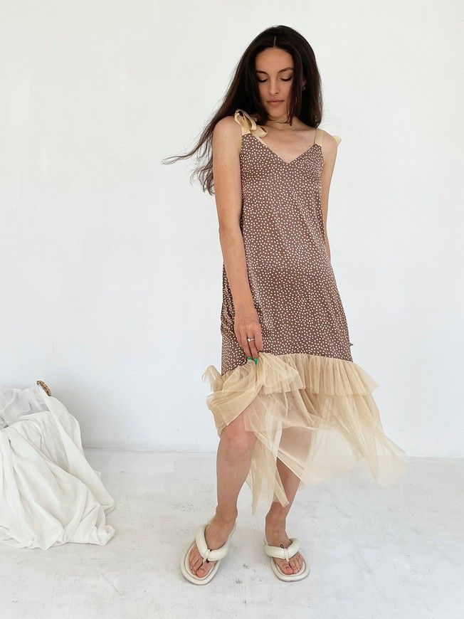Brown polka dot maxi slip dress with beige tulle ruffles