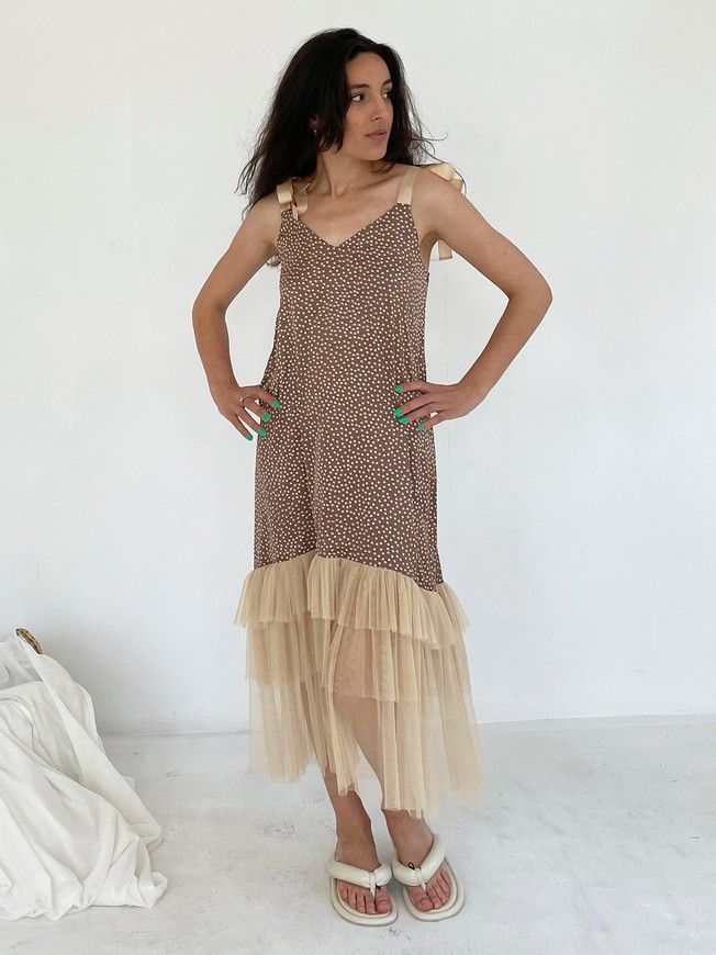 Brown polka dot maxi slip dress with beige tulle ruffles