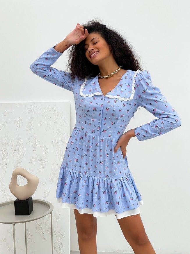 Dress with collar and frills Tyu-Tyu! XS blue in floral print