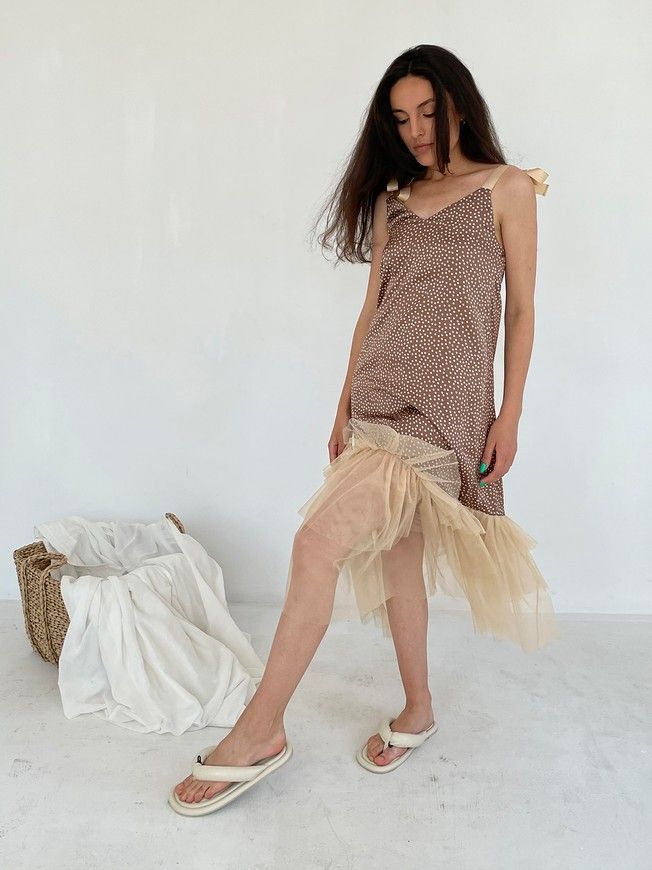 Brown polka dot maxi slip dress with beige tulle ruffles