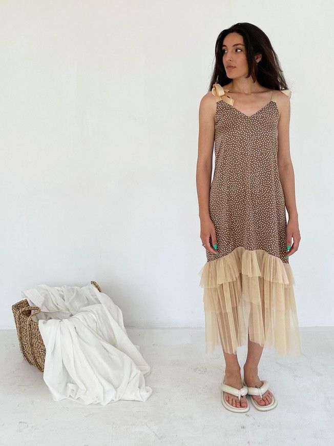 Brown polka dot maxi slip dress with beige tulle ruffles