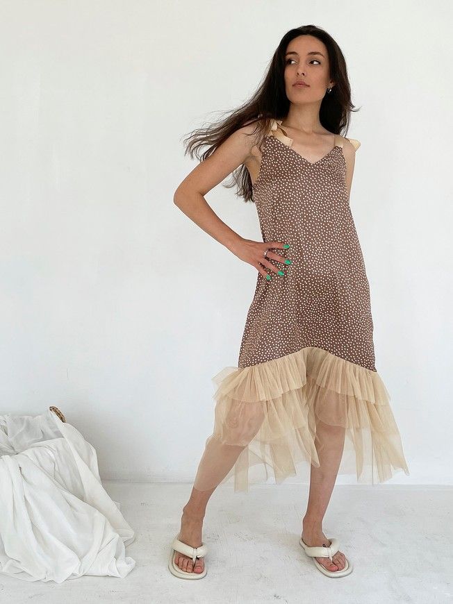 Brown polka dot maxi slip dress with beige tulle ruffles