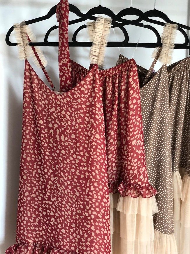 Brown polka dot maxi slip dress with beige tulle ruffles