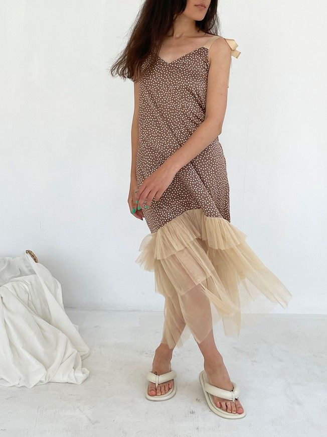 Brown polka dot maxi slip dress with beige tulle ruffles