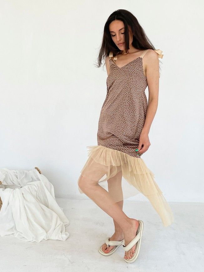 Brown polka dot maxi slip dress with beige tulle ruffles