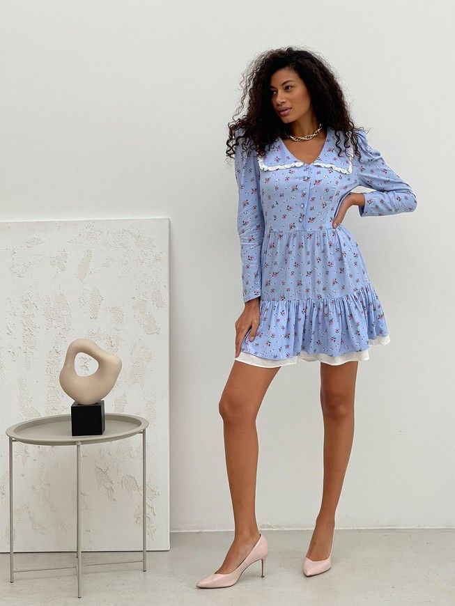 Dress with collar and frills Tyu-Tyu! XS blue in floral print
