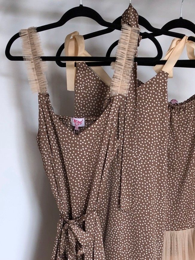 Brown polka dot maxi slip dress with beige tulle ruffles