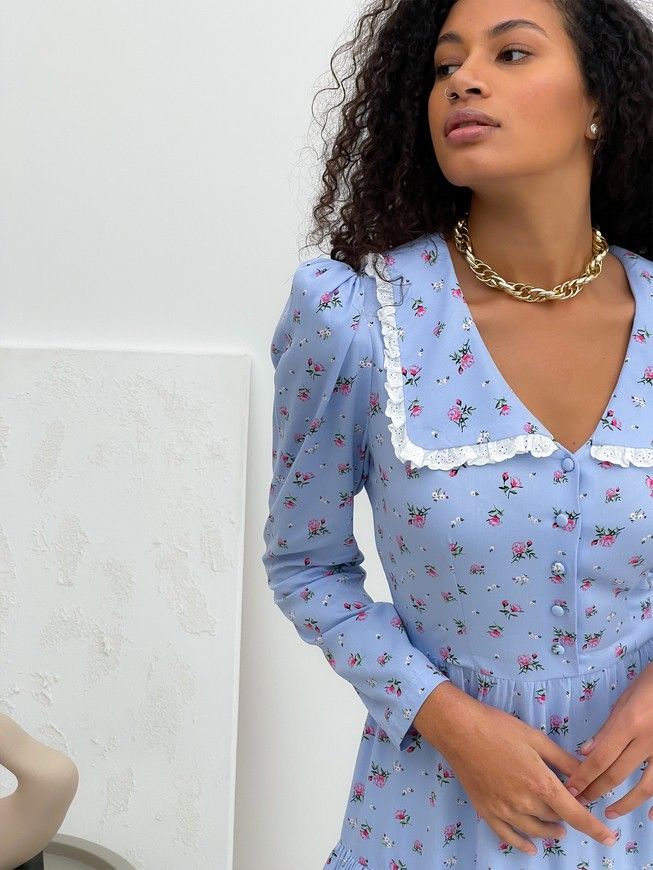 Dress with collar and frills Tyu-Tyu! XS blue in floral print