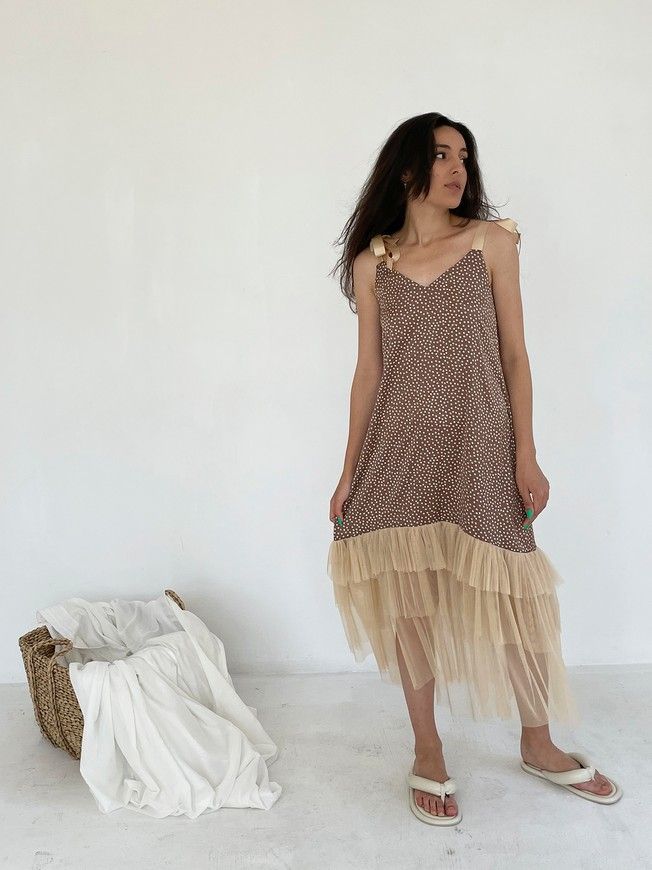 Brown polka dot maxi slip dress with beige tulle ruffles