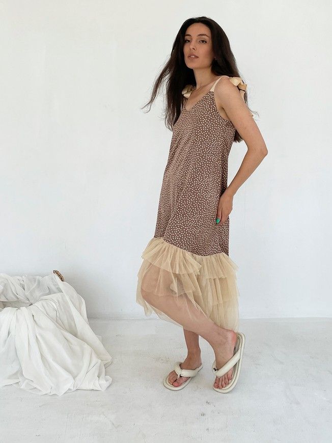 Brown polka dot maxi slip dress with beige tulle ruffles