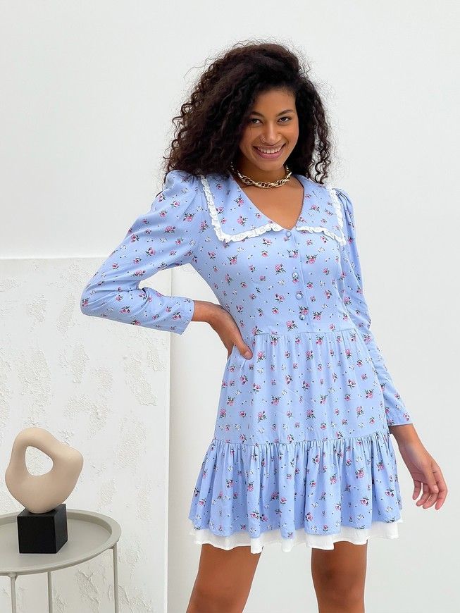 Dress with collar and frills Tyu-Tyu! XS blue in floral print