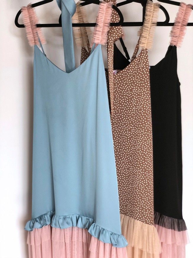 Brown polka dot maxi slip dress with beige tulle ruffles