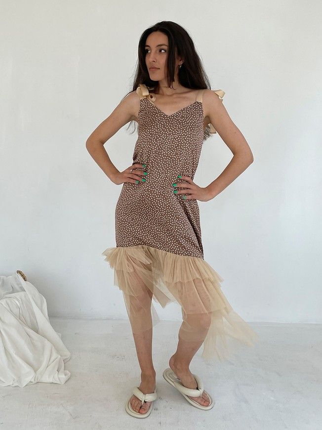 Brown polka dot maxi slip dress with beige tulle ruffles