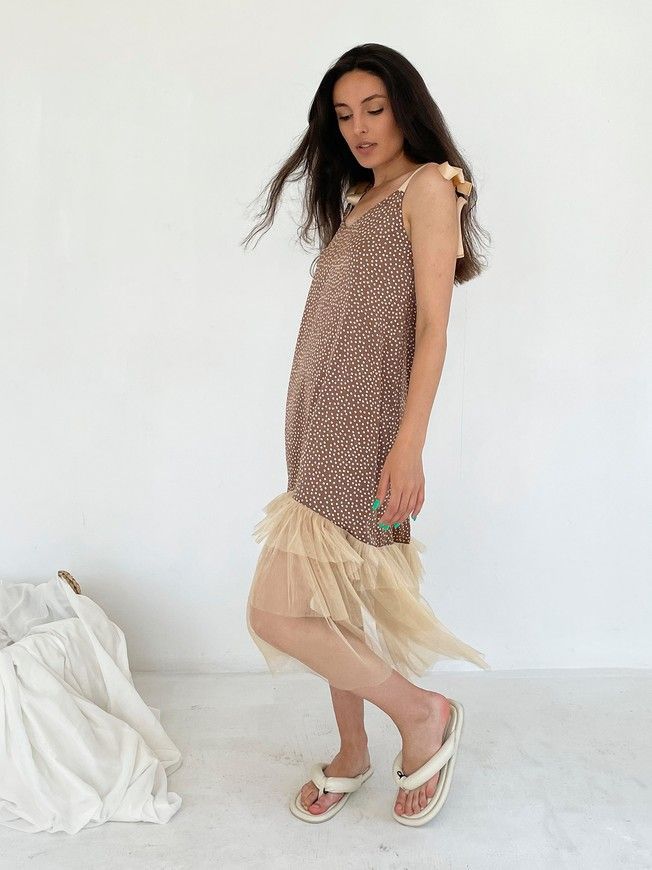 Brown polka dot maxi slip dress with beige tulle ruffles