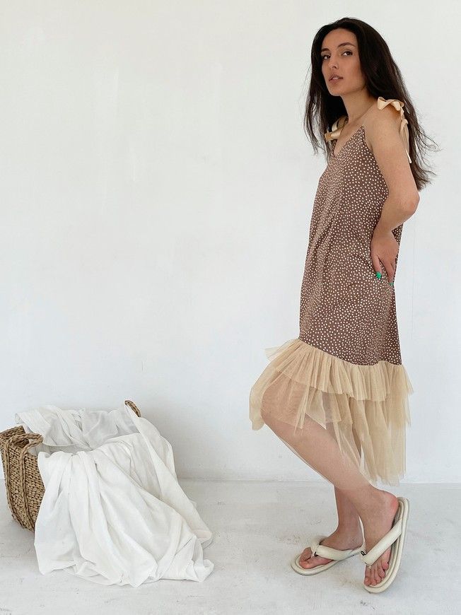 Brown polka dot maxi slip dress with beige tulle ruffles