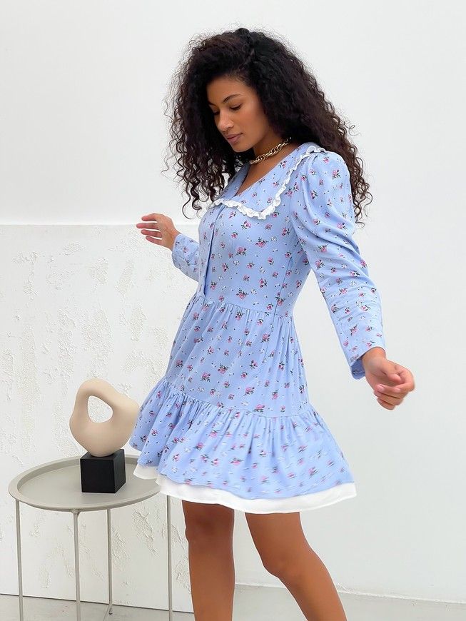 Dress with collar and frills Tyu-Tyu! XS blue in floral print
