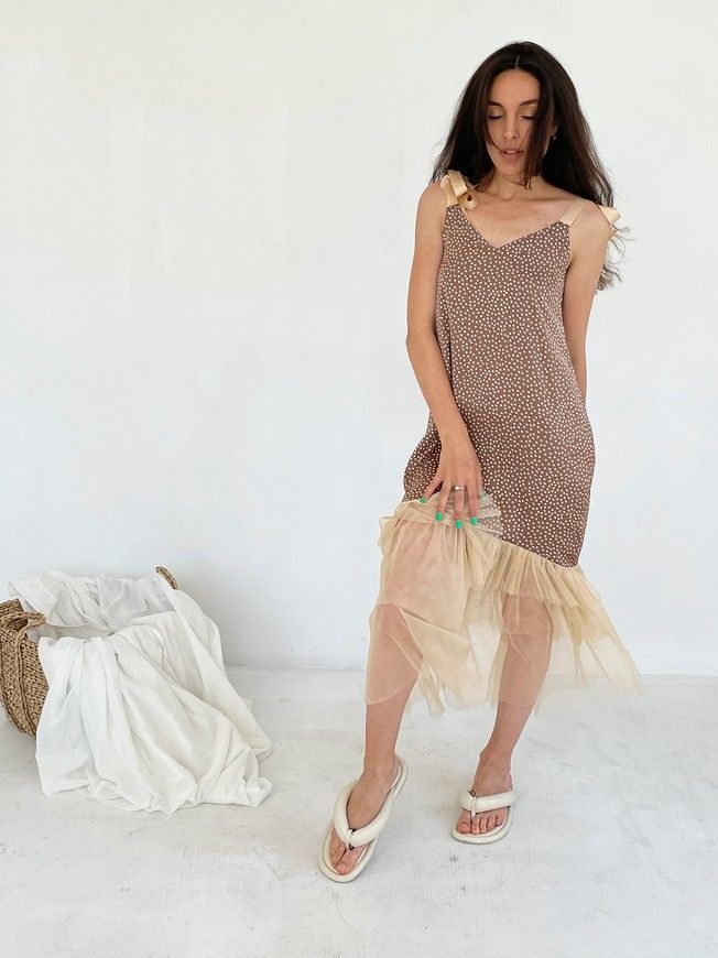 Brown polka dot maxi slip dress with beige tulle ruffles