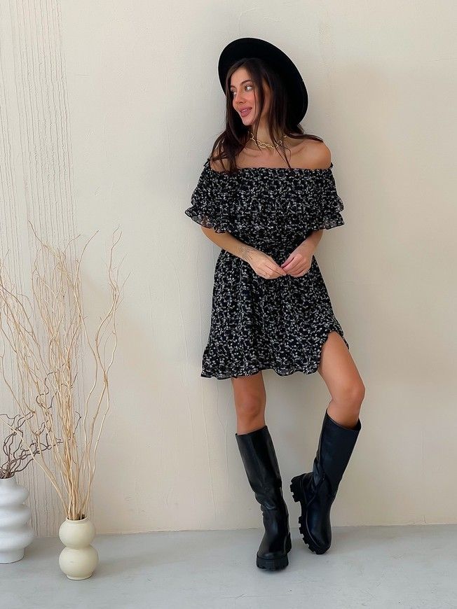 Sundress Tyu-Tyu! XS/S chiffon floral black with ruffles and with bare shoulders