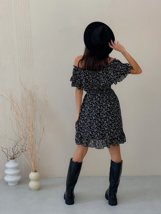 Sundress Tyu-Tyu! XS/S chiffon floral black with ruffles and with bare shoulders