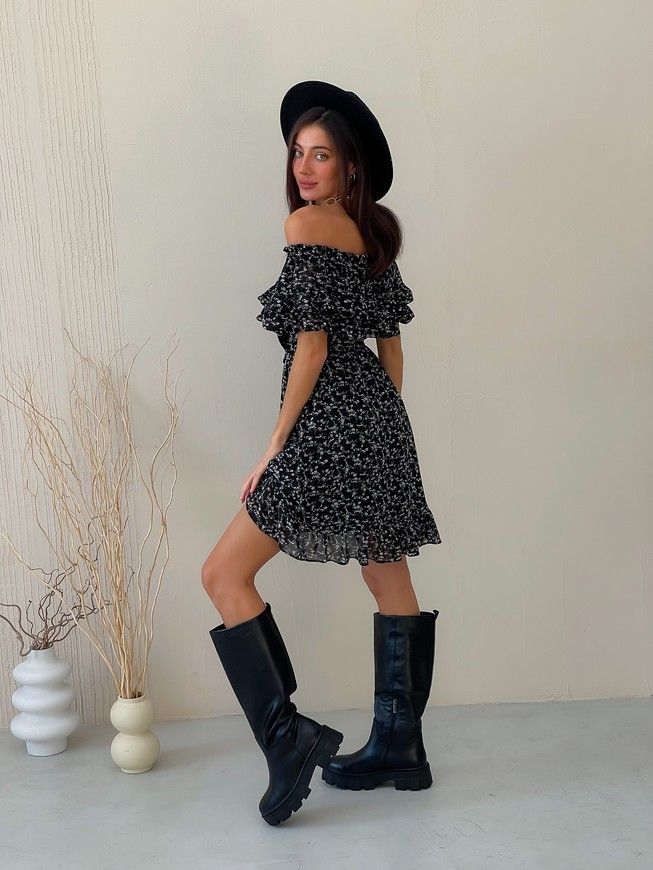 Sundress Tyu-Tyu! XS/S chiffon floral black with ruffles and with bare shoulders