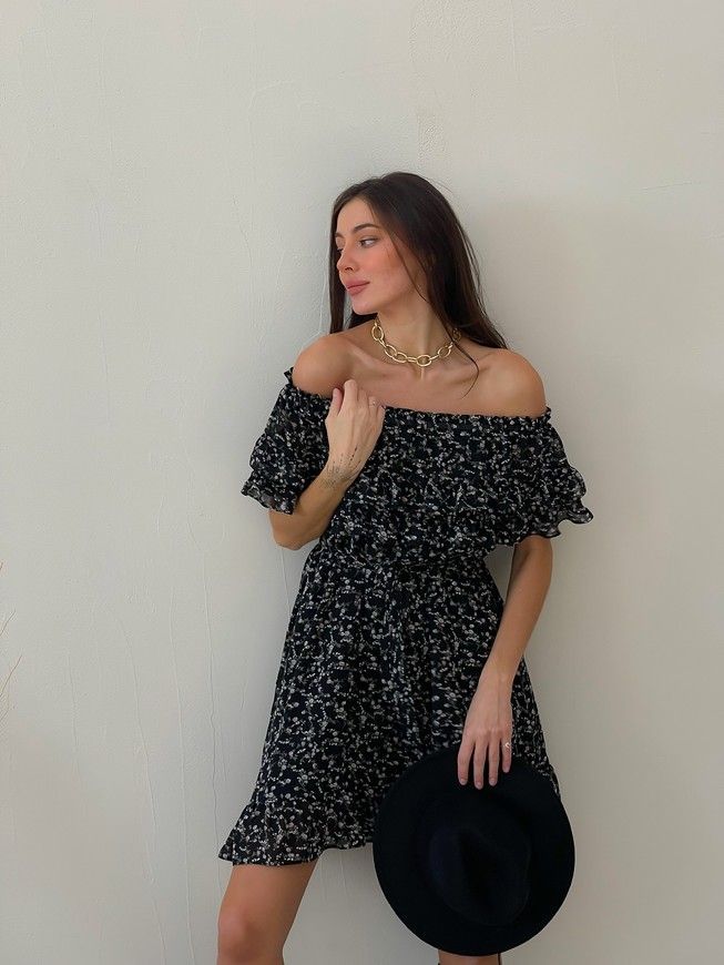 Sundress Tyu-Tyu! XS/S chiffon floral black with ruffles and with bare shoulders