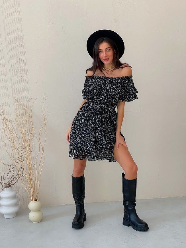 Sundress Tyu-Tyu! XS/S chiffon floral black with ruffles and with bare shoulders