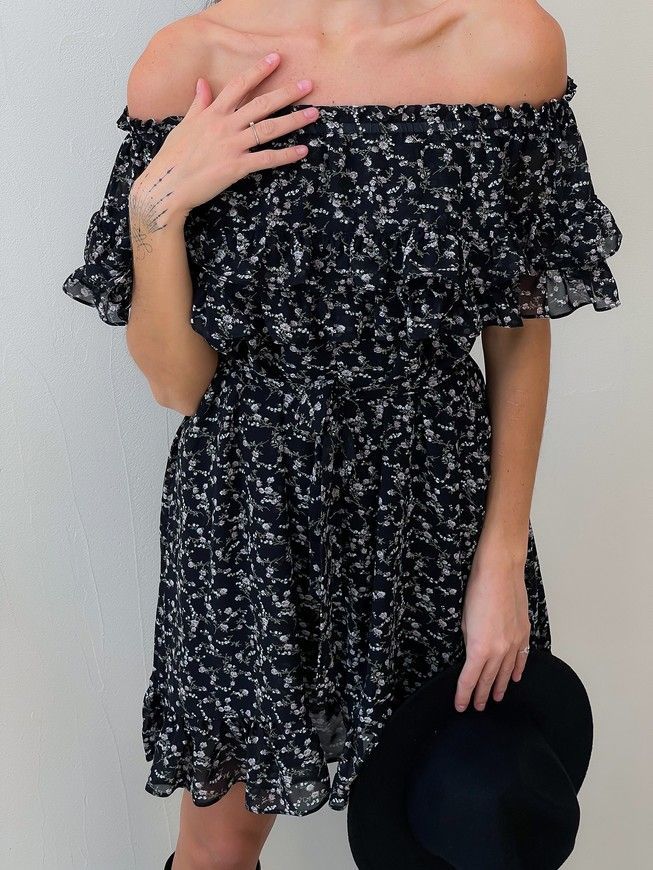 Sundress Tyu-Tyu! XS/S chiffon floral black with ruffles and with bare shoulders