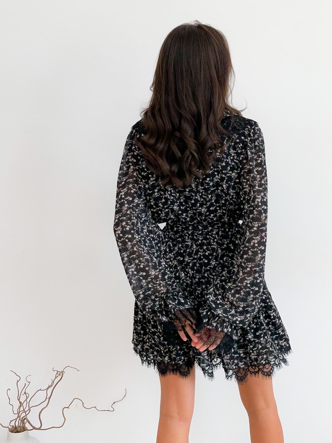 Шифонова сукня міні з воланами Тю-Тю! XS чорна у квітчастий принт