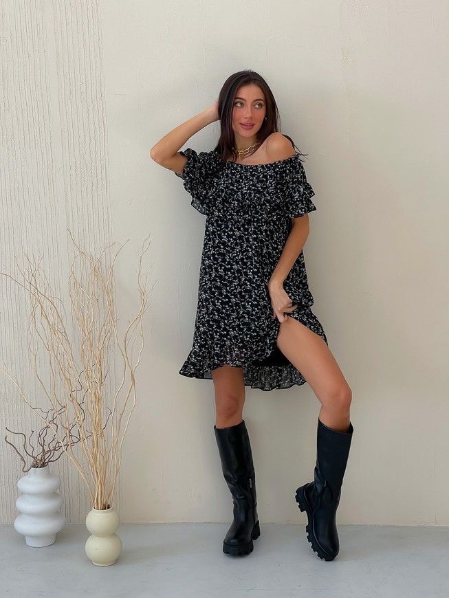 Sundress Tyu-Tyu! XS/S chiffon floral black with ruffles and with bare shoulders