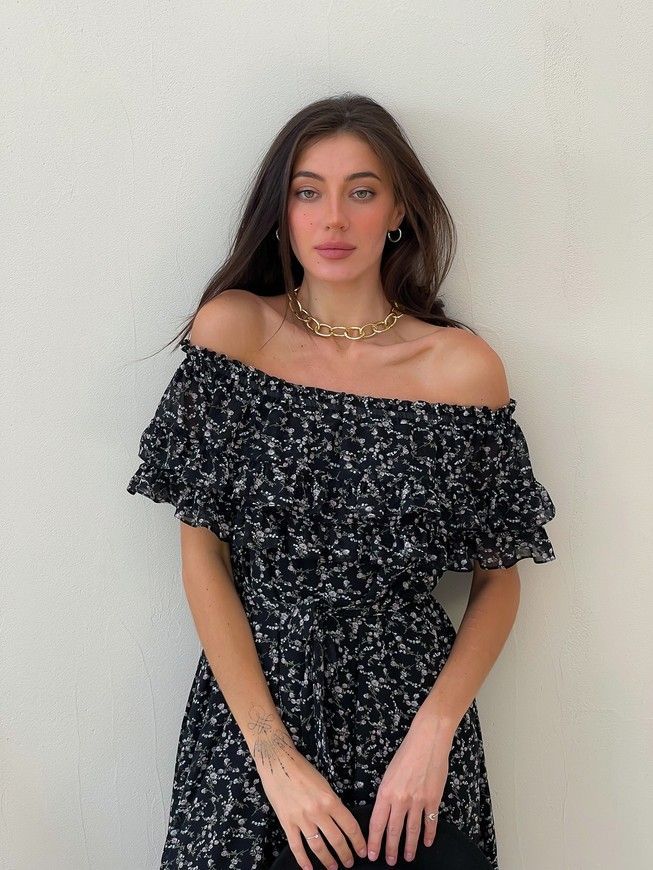 Sundress Tyu-Tyu! XS/S chiffon floral black with ruffles and with bare shoulders
