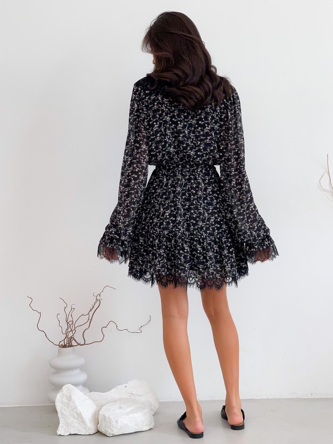 Chiffon mini dress with frills Tyu-Tyu! XS black in floral print