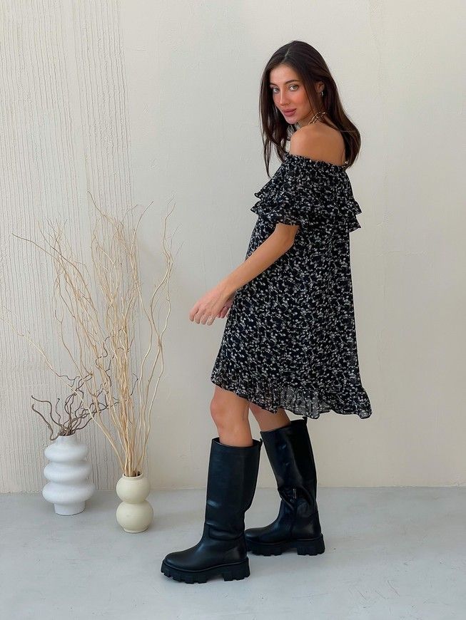 Sundress Tyu-Tyu! XS/S chiffon floral black with ruffles and with bare shoulders