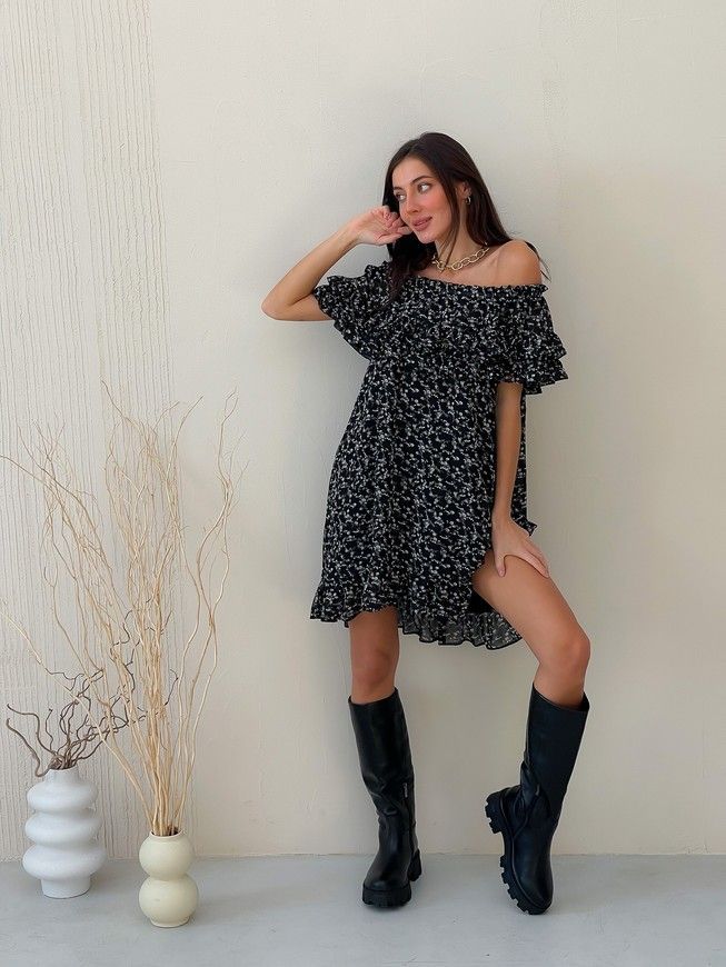 Sundress Tyu-Tyu! XS/S chiffon floral black with ruffles and with bare shoulders