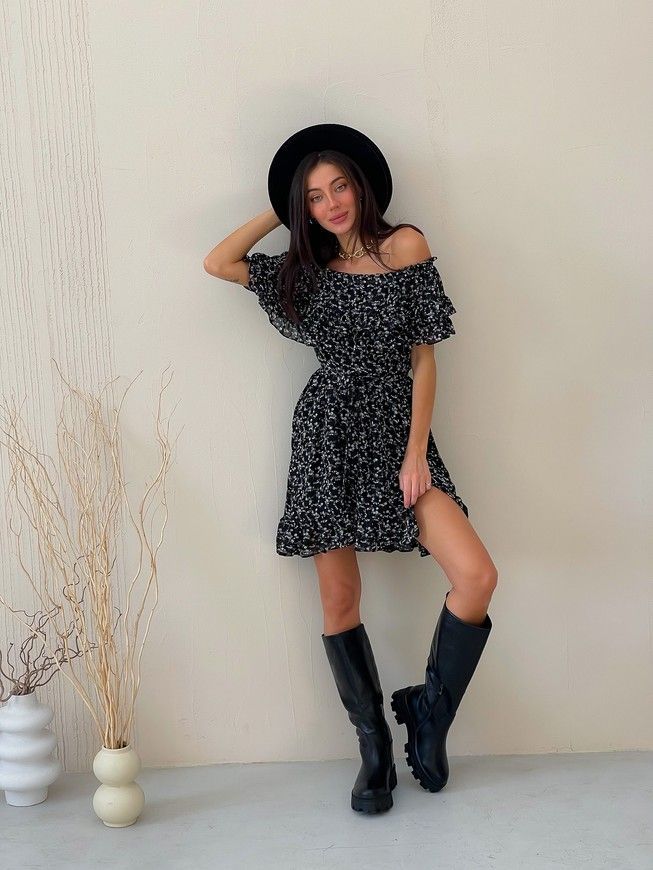 Sundress Tyu-Tyu! XS/S chiffon floral black with ruffles and with bare shoulders