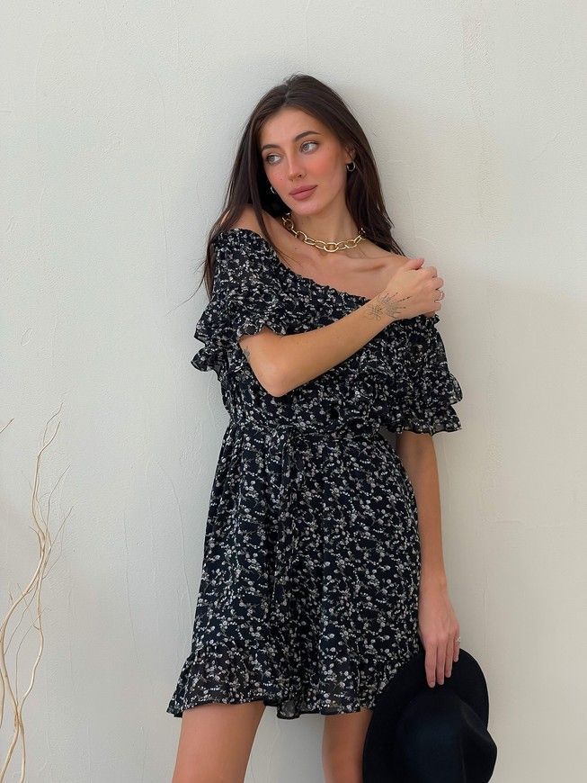 Sundress Tyu-Tyu! XS/S chiffon floral black with ruffles and with bare shoulders