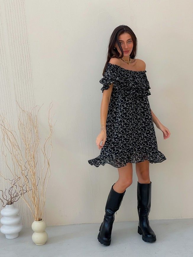 Sundress Tyu-Tyu! XS/S chiffon floral black with ruffles and with bare shoulders
