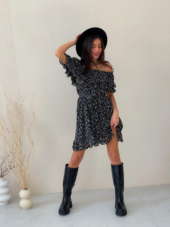 Sundress Tyu-Tyu! XS/S chiffon floral black with ruffles and with bare shoulders