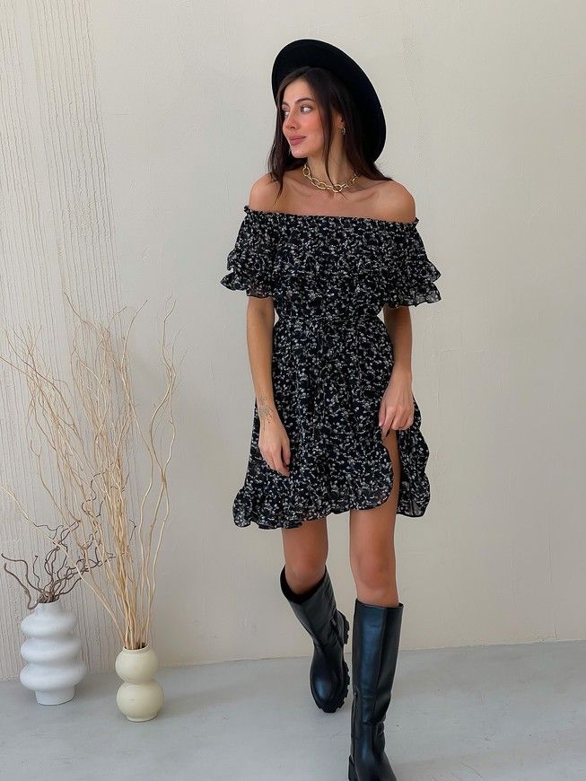 Sundress Tyu-Tyu! XS/S chiffon floral black with ruffles and with bare shoulders