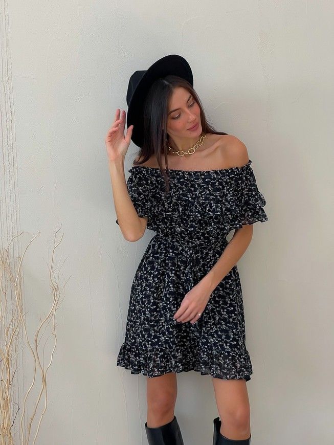 Sundress Tyu-Tyu! XS/S chiffon floral black with ruffles and with bare shoulders