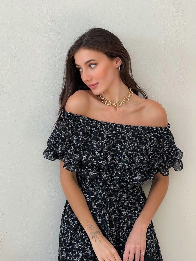 Sundress Tyu-Tyu! XS/S chiffon floral black with ruffles and with bare shoulders