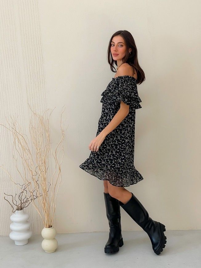 Sundress Tyu-Tyu! XS/S chiffon floral black with ruffles and with bare shoulders